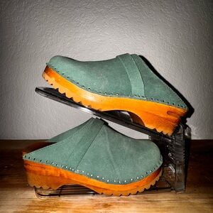 Troentorp Green Suede Clog Mules with Wood Platform